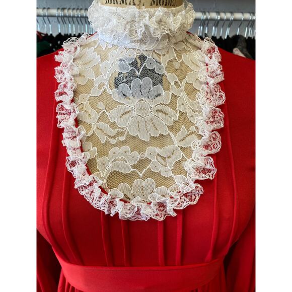 vintage 1970s red victorian style maxi dress lace bib balloon sleeves small - Picture 3 of 10